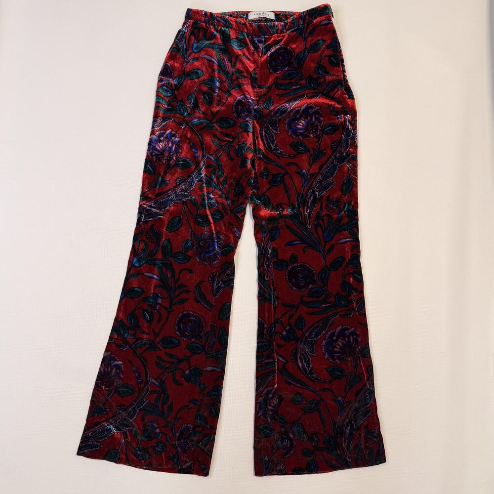 Sandro Pants Womens 36 Red Velvet Floral Wide Leg Zip Pockets Party Cocktail